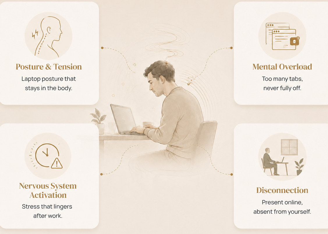 When digital work starts living in your body. Posture and tension: laptop posture that stays in the body. Mental overload: too many tabs, never fully off. Nervous system activation: stress that lingers after work. Disconnection: present online, absent from yourself.